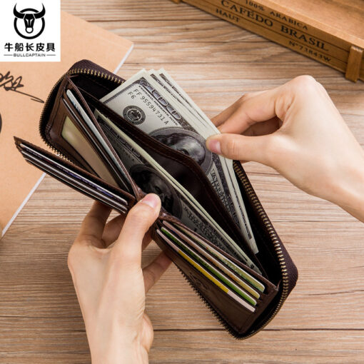 Bullcaptain Men Retro Minimalist RFID Cowhide 13 Card Slots Short Zipper Wallet - Image 16