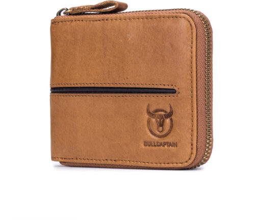 Bullcaptain Men Retro Minimalist RFID Cowhide 13 Card Slots Short Zipper Wallet