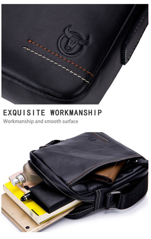 Genuine Leather Men Small Shoulder Messenger Bag Zipper Bull Captain - Image 5