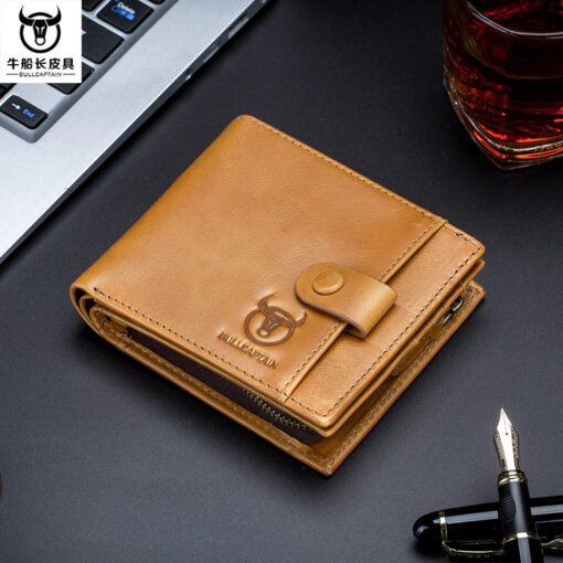 Bullcaptain Men Cowhide Retro 10 Card Photo Slots Zipper Coin Bag Long Purse Short Wallet QB038 side