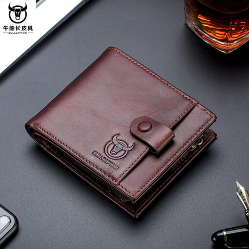 Bullcaptain Men Cowhide Retro 10 Card Photo Slots Zipper Coin Bag Long Purse Short Wallet QB038 side - Image 5