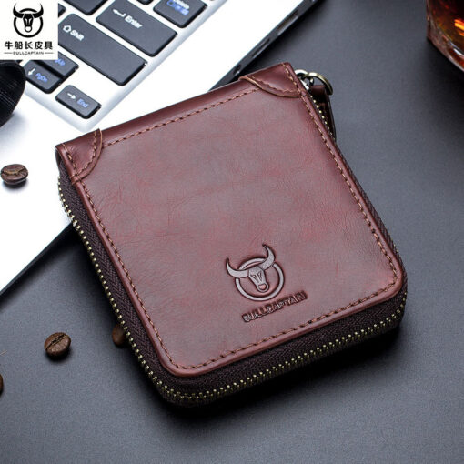 Bullcaptain Men Retro Minimalist Fashion Cowhide 12 Card Slots Short Zipper Wallet - Image 11