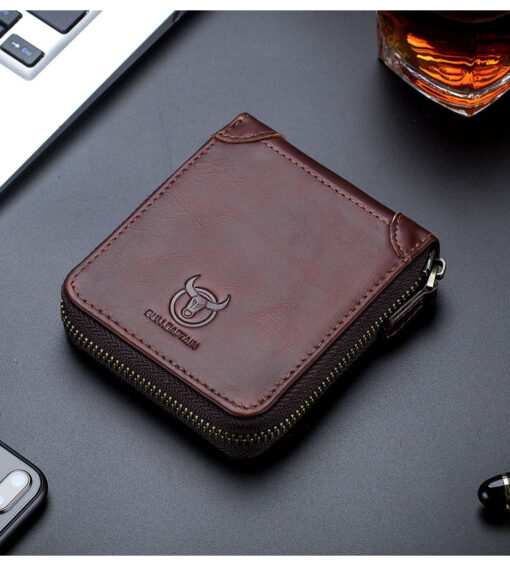 Bullcaptain Men Retro Minimalist Fashion Cowhide 12 Card Slots Short Zipper Wallet - Image 9