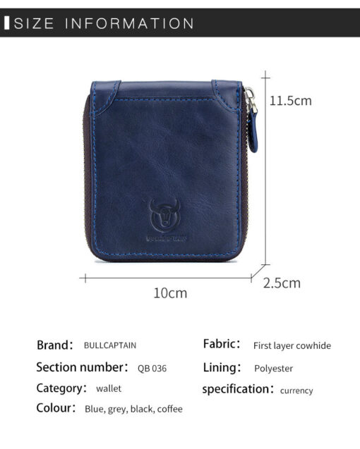 Bullcaptain Men Retro Minimalist Fashion Cowhide 12 Card Slots Short Zipper Wallet - Image 12