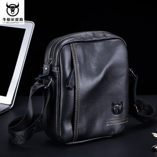 Genuine Leather Men Small Shoulder Messenger Bag Zipper Bull Captain