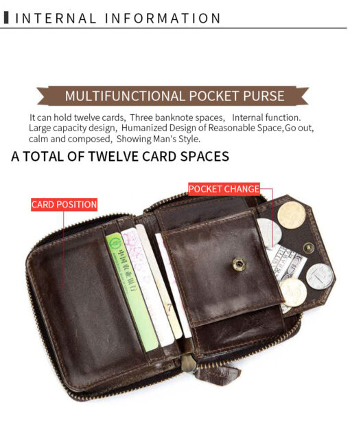 Bullcaptain Leather Wallet Vintage Zipper Card Holder for Men - Image 11