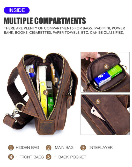 Bull Captain Crossbody Bag Crazy Horse Leather Men Sling Chest Bags - Image 11