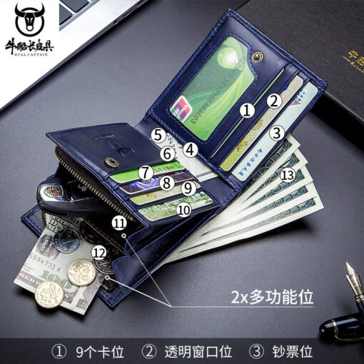 Bullcaptain Men Cowhide Retro 10 Card Photo Slots Zipper Coin Bag Long Purse Short Wallet QB038 side - Image 9