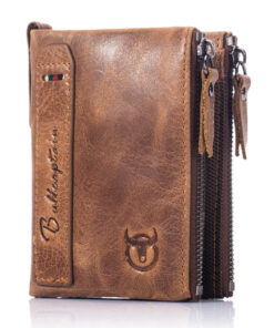 Bullcaptain Men Zipper Minimal Wallet Genuine Leather Short Wallet Vintage Coin Bag