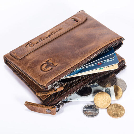 Bullcaptain Men Zipper Minimal Wallet Genuine Leather Short Wallet Vintage Coin Bag - Image 8