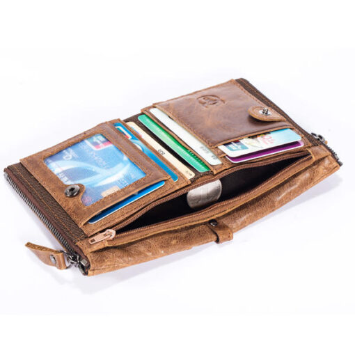 Bullcaptain Men Zipper Minimal Wallet Genuine Leather Short Wallet Vintage Coin Bag - Image 7