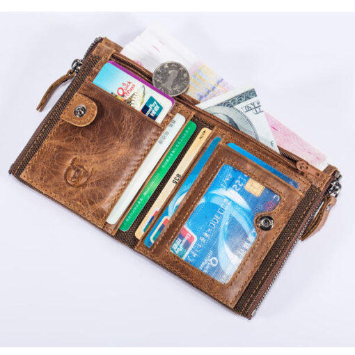 Bullcaptain Men Zipper Minimal Wallet Genuine Leather Short Wallet Vintage Coin Bag - Image 6