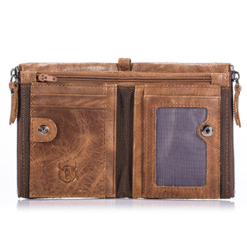 Bullcaptain Men Zipper Minimal Wallet Genuine Leather Short Wallet Vintage Coin Bag - Image 4