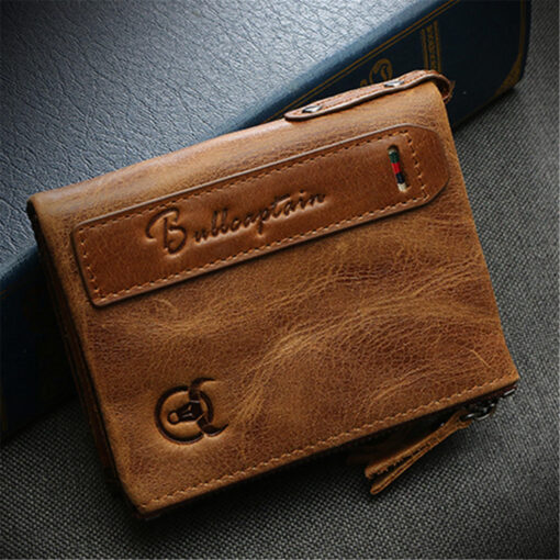 Bullcaptain Men Zipper Minimal Wallet Genuine Leather Short Wallet Vintage Coin Bag - Image 3