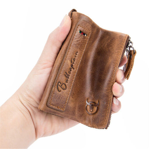 Bullcaptain Men Zipper Minimal Wallet Genuine Leather Short Wallet Vintage Coin Bag - Image 2