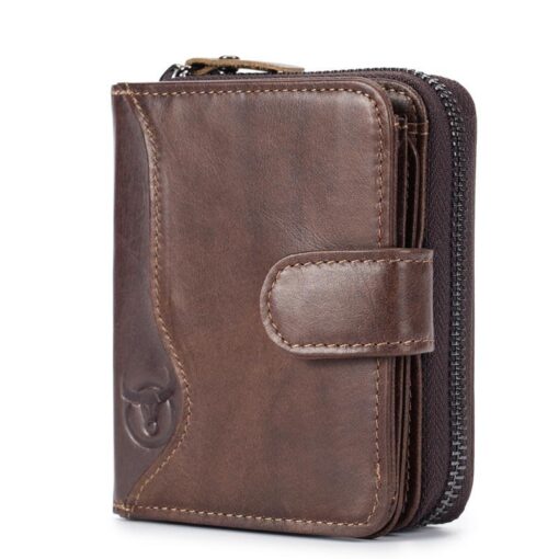 Bullcaptain Cowhide Short Wallet Zipper Coin Bag with 16 Card Slots