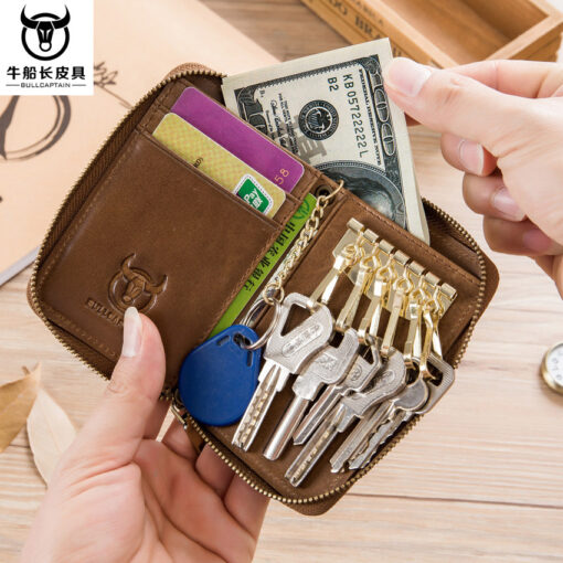 Bullcaptain Men Genuine Leather RFID Blocking 4 Card Holder Zipper Wallet and Key Case - Image 5