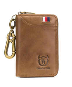 Bullcaptain Men Genuine Leather RFID Blocking 4 Card Holder Zipper Wallet and Key Case