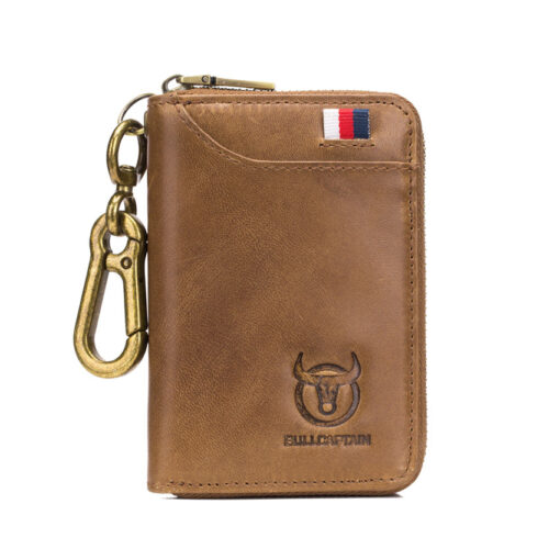 Bullcaptain Men Genuine Leather RFID Blocking 4 Card Holder Zipper Wallet and Key Case