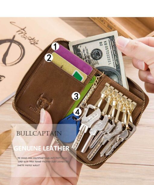 Bullcaptain Men Genuine Leather RFID Blocking 4 Card Holder Zipper Wallet and Key Case - Image 16