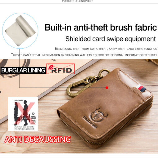 Bullcaptain Men Genuine Leather RFID Blocking 4 Card Holder Zipper Wallet and Key Case - Image 18