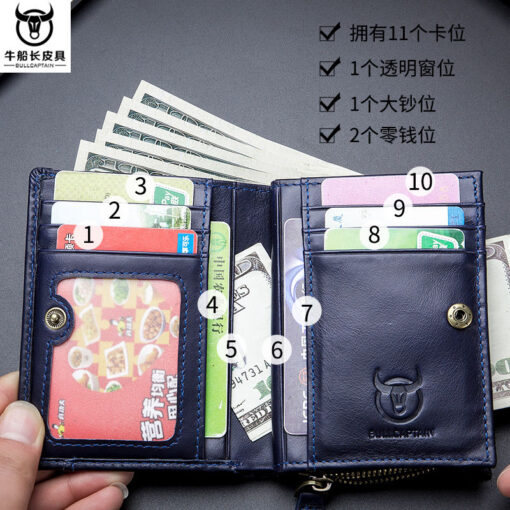 Bullcaptain Men Cowhide Retro 10 Card Photo Slots Zipper Coin Bag Long Purse Short Wallet QB038 - Image 10