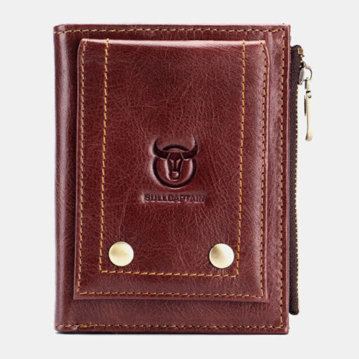 Bullcaptain Men Genuine Leather RFID Blocking Zipper Coin Wallet