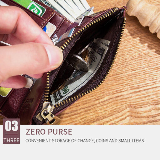 Bullcaptain Men Genuine Leather RFID Blocking Zipper Coin Wallet - Image 6