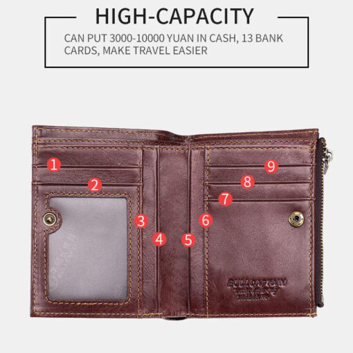 Bullcaptain Men Genuine Leather RFID Blocking Zipper Coin Wallet - Image 9