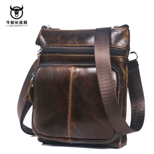 Bull captain Men's Cowhide Leather Messenger Bag Mini Shoulder Bag