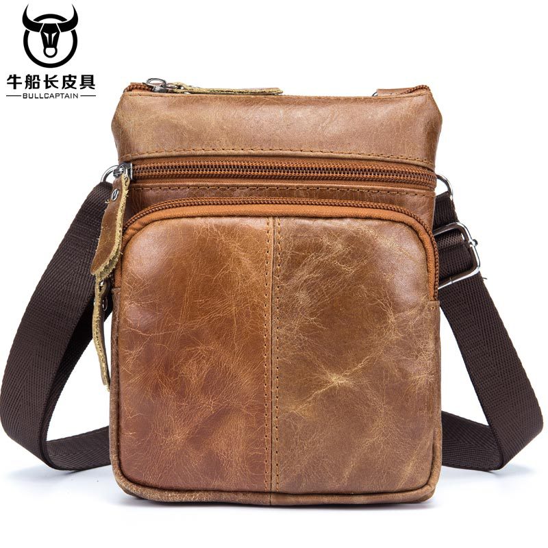 Bull captain Men’s Cowhide Leather Messenger Bag Mini Shoulder Bag ...