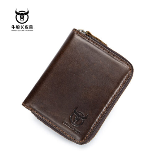 Bullcaptain Leather Wallet Vintage Zipper Card Holder for Men