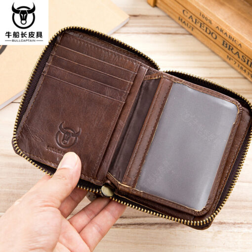 Bullcaptain Leather Wallet Vintage Zipper Card Holder for Men - Image 5