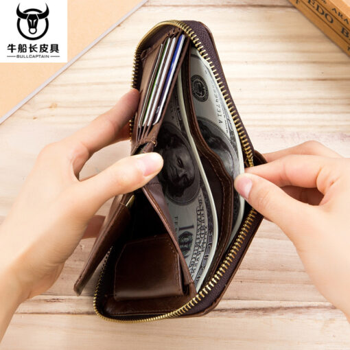Bullcaptain Leather Wallet Vintage Zipper Card Holder for Men - Image 6