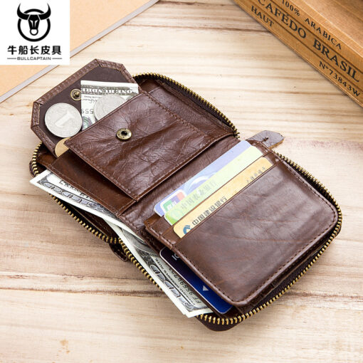 Bullcaptain Leather Wallet Vintage Zipper Card Holder for Men - Image 7