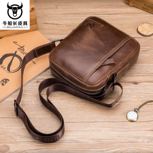 Genuine Leather Men Small Shoulder Messenger Bag Zipper Bull Captain - Image 2