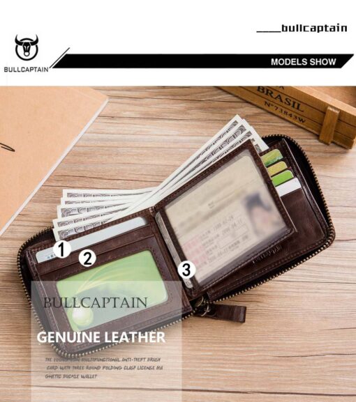 Bullcaptain Men Retro Minimalist RFID Cowhide 13 Card Slots Short Zipper Wallet - Image 8