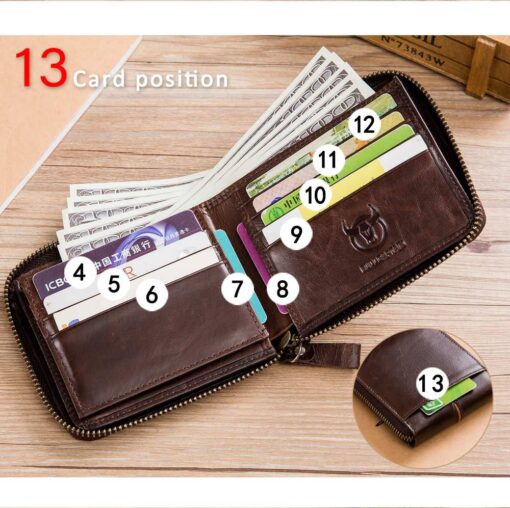 Bullcaptain Men Retro Minimalist RFID Cowhide 13 Card Slots Short Zipper Wallet - Image 9