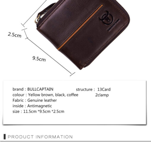 Bullcaptain Men Retro Minimalist RFID Cowhide 13 Card Slots Short Zipper Wallet - Image 11