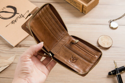 Bull Captain Leather Mens RFID Blocking Wallet Zipper Bifold Wallets - Image 6