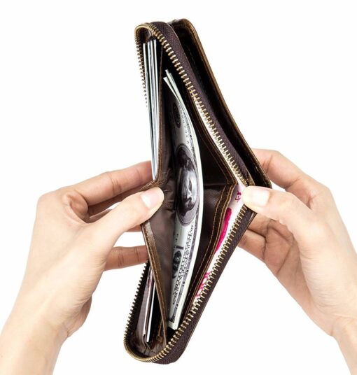 Bull Captain RFID Leather Men Wallet Zipper Blocking Coin Purse Bifold 11 Card Slots Coin - Image 10