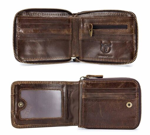 Bull Captain RFID Leather Men Wallet Zipper Blocking Coin Purse Bifold 11 Card Slots Coin - Image 7