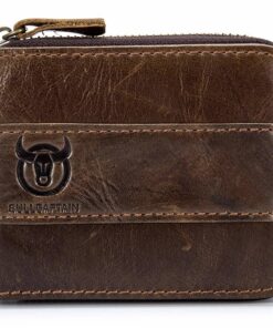 Bull Captain RFID Leather Men Wallet Zipper Blocking Coin Purse Bifold 11 Card Slots Coin