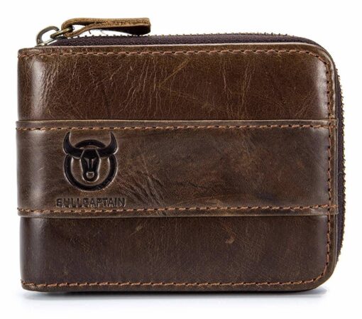 Bull Captain RFID Leather Men Wallet Zipper Blocking Coin Purse Bifold 11 Card Slots Coin