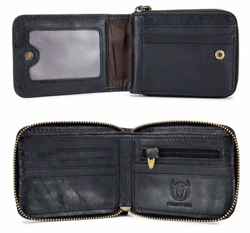 Bull Captain RFID Leather Men Wallet Zipper Blocking Coin Purse Bifold 11 Card Slots Coin - Image 4