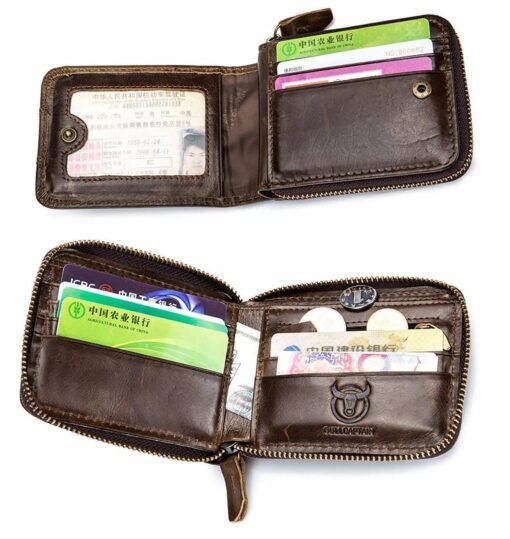 Bull Captain RFID Leather Men Wallet Zipper Blocking Coin Purse Bifold 11 Card Slots Coin - Image 2
